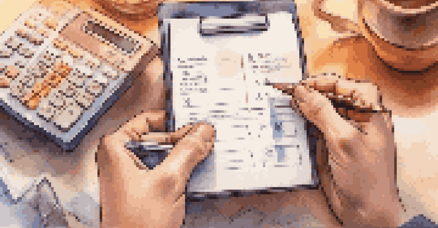 Close-up of hands using a calculator and a notepad for budgeting, set against a softly lit living room background.