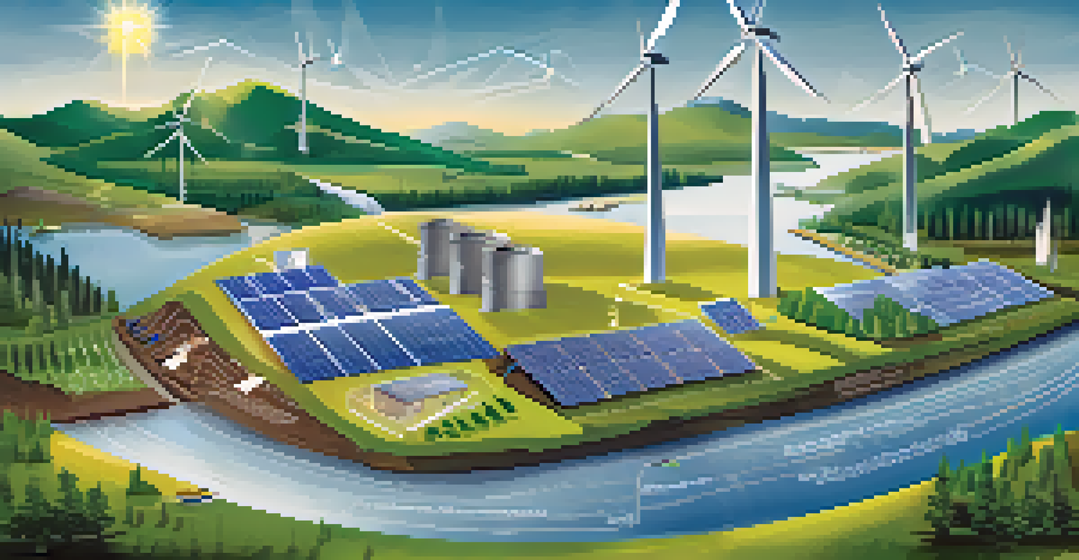 An infographic illustrating different types of renewable energy sources like solar, wind, and hydropower in a clean environment.