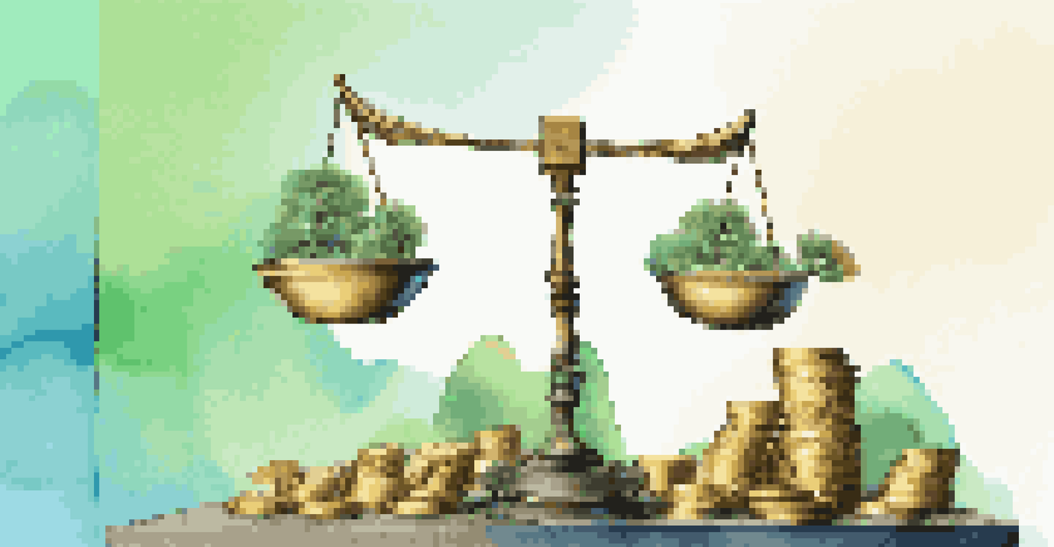 A balanced scale with coins on one side and models of houses and stocks on the other, against a gradient background.