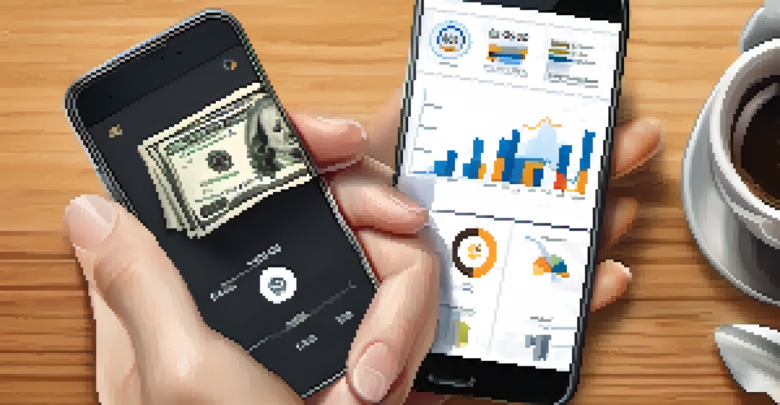 Close-up of hands using a smartphone app to manage cash flow, with financial documents in the background.