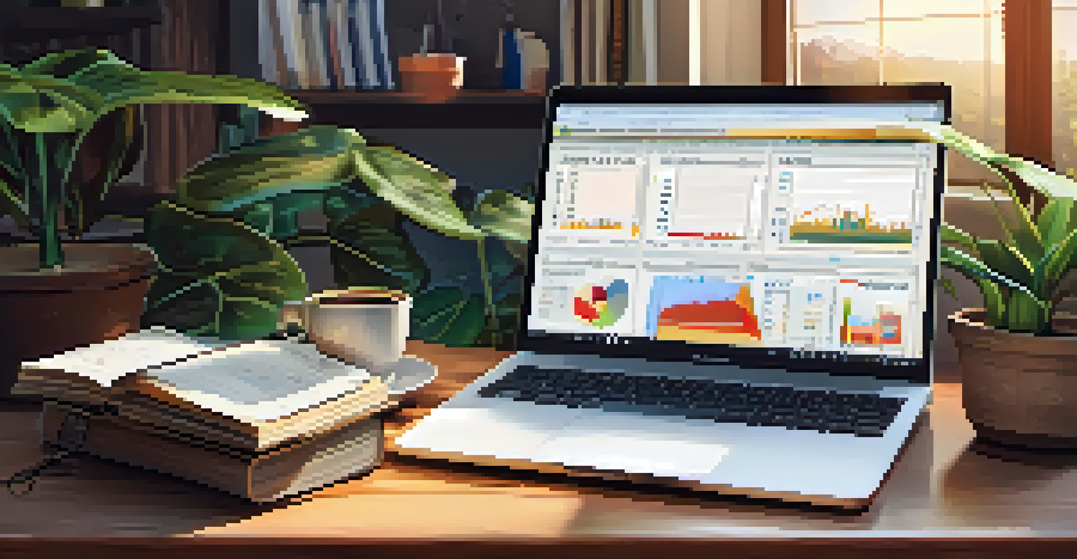 A wooden desk with investment books, a laptop showing stock charts, and a cup of coffee in warm lighting.