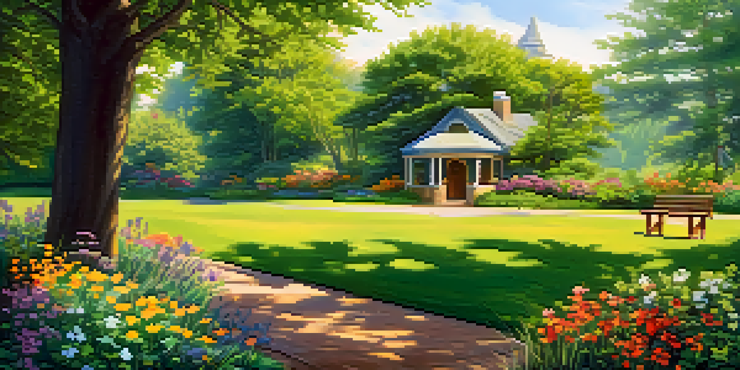 A peaceful garden filled with colorful flowers, sunlight filtering through trees, and a wooden bench.