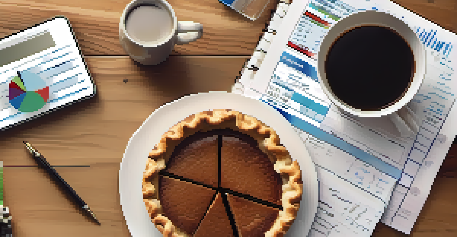 An overhead view of a wooden table with financial reports, a calculator, coffee cup, and a laptop screen displaying a pie chart of dividend distribution.