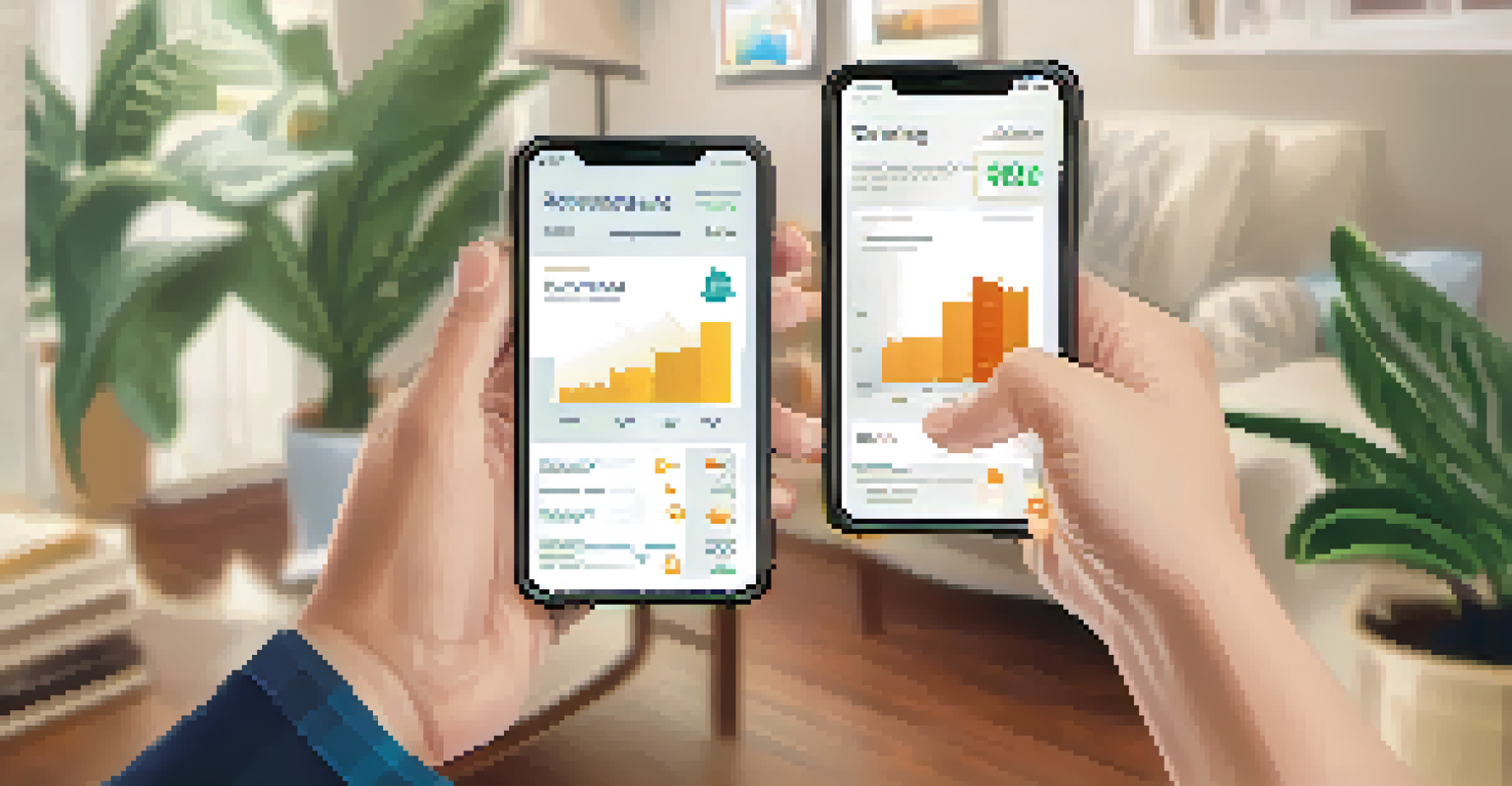 A person looking at a retirement savings app on a smartphone in a cozy living room.