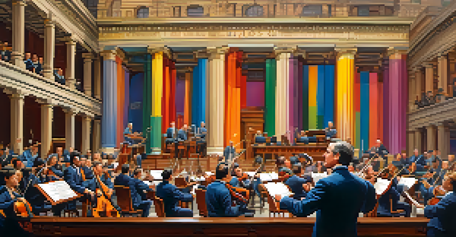 A conductor symbolizing a central bank leading an orchestra of financial instruments, with colorful musical notes representing the economy.