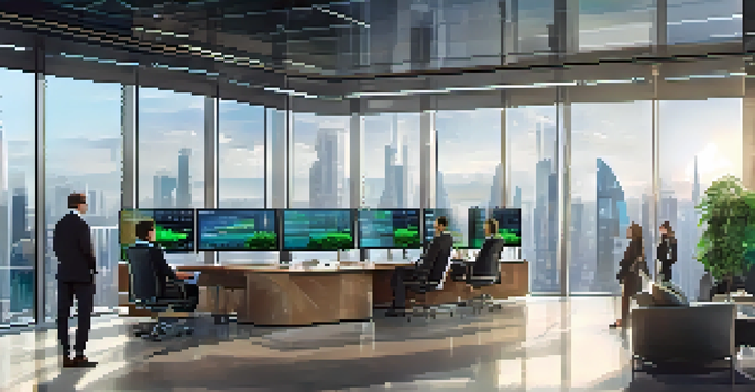 A modern financial office with a diverse group of investors analyzing stock market data on a digital screen.