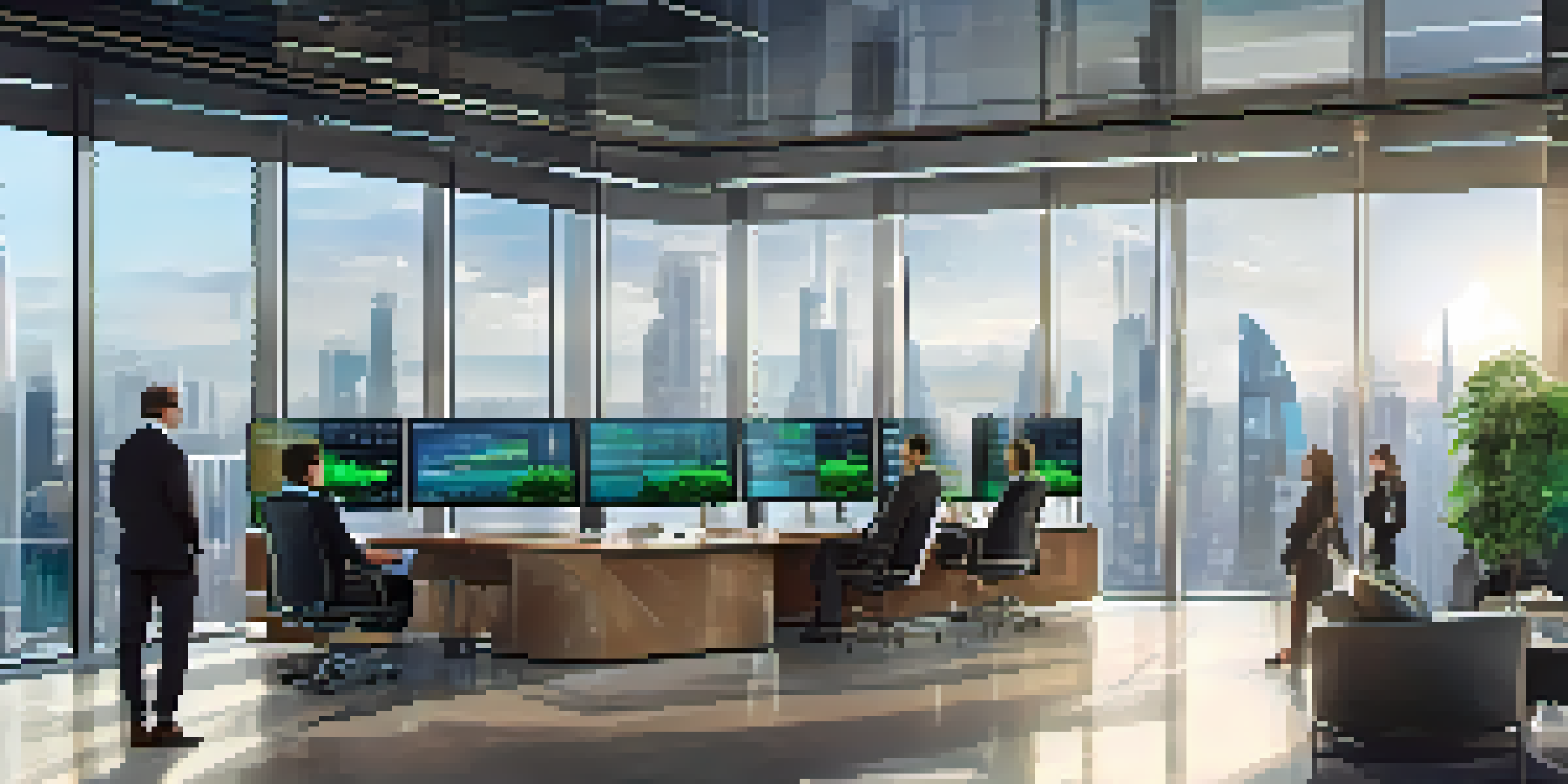 A modern financial office with a diverse group of investors analyzing stock market data on a digital screen.
