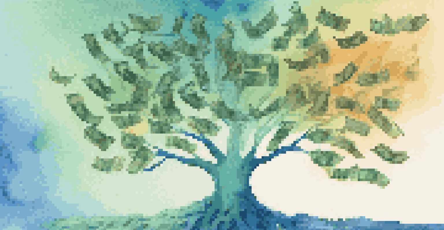 An abstract tree made of dollar bills with colorful leaves on a blue and green gradient background.