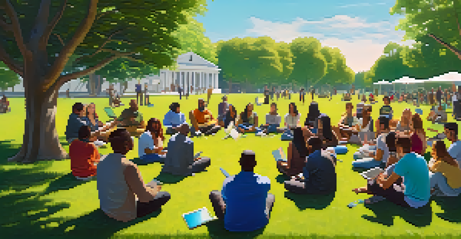 A diverse group of people engaged in discussion about crowdfunding projects in a sunny outdoor setting.