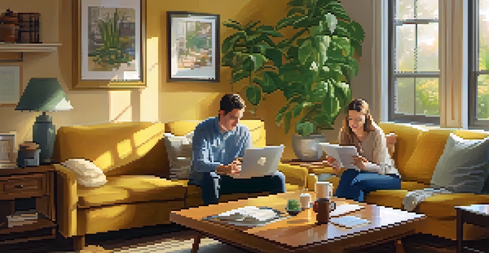 A couple sitting in a cozy living room, reviewing financial documents at a coffee table with a laptop and a calculator.