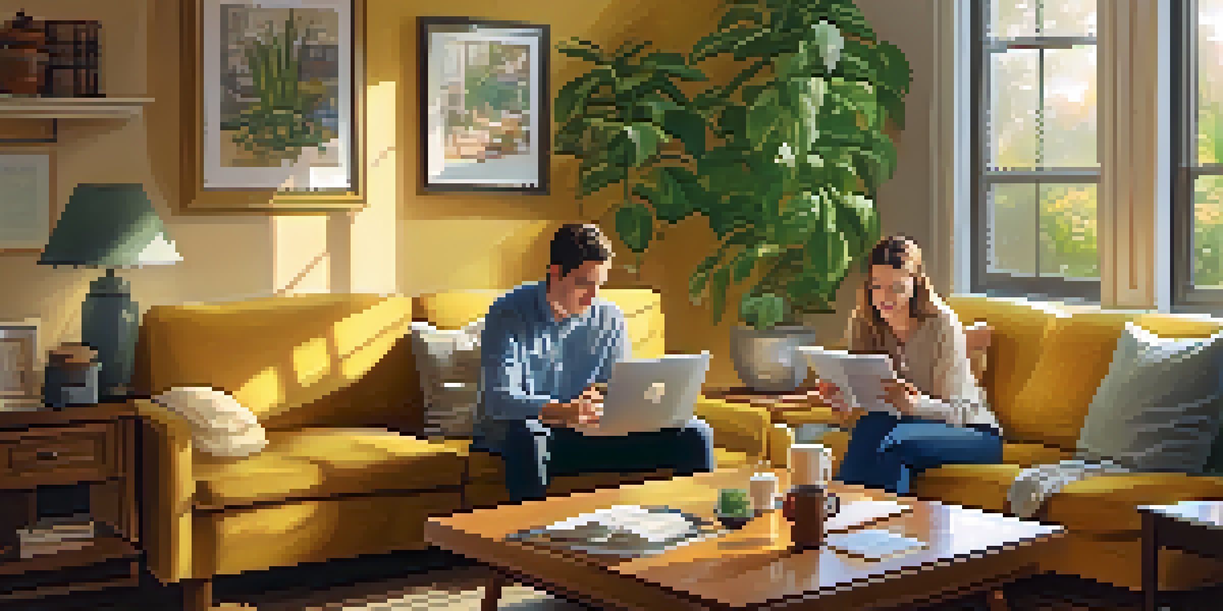 A couple sitting in a cozy living room, reviewing financial documents at a coffee table with a laptop and a calculator.