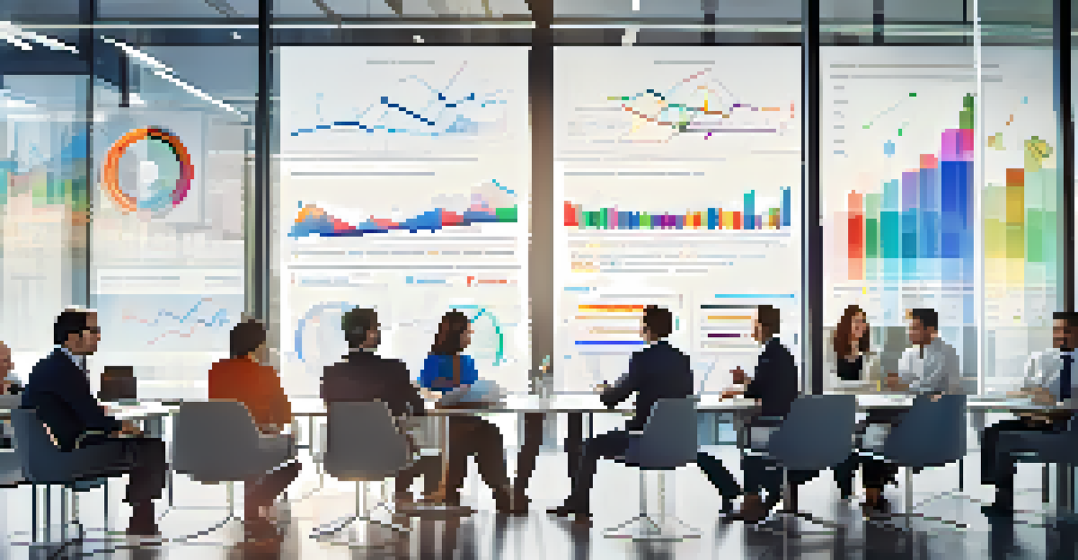 A group of diverse investors discussing market trends in a modern conference room, with colorful graphs and charts displayed on a large screen.