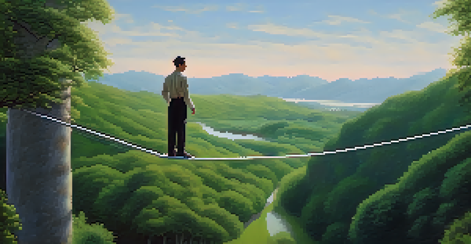A person balancing on a tightrope against a lush landscape, symbolizing the careful use of credit for investments.
