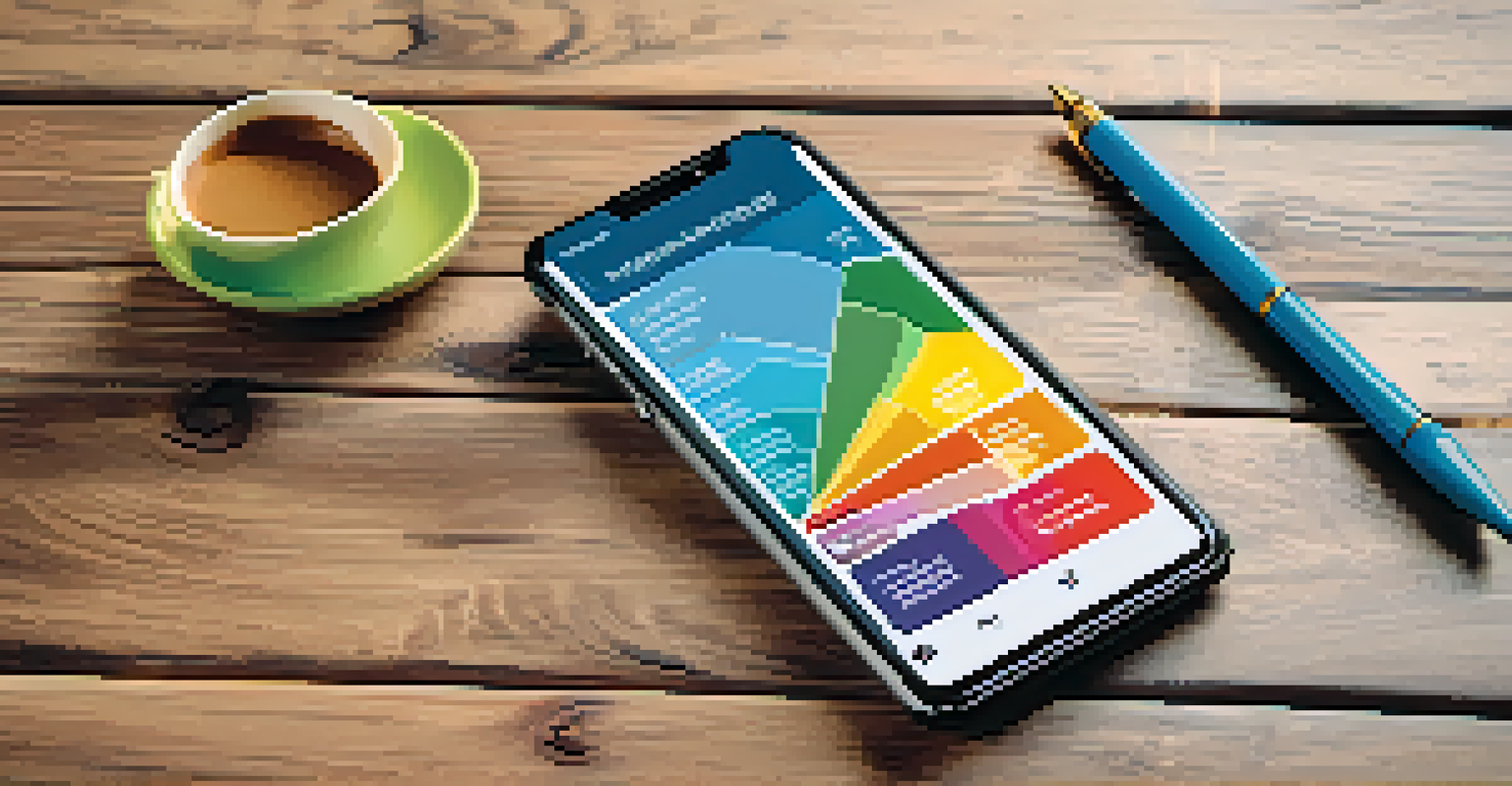A smartphone showing an investment app with graphs, placed on a table with coffee and a notepad.