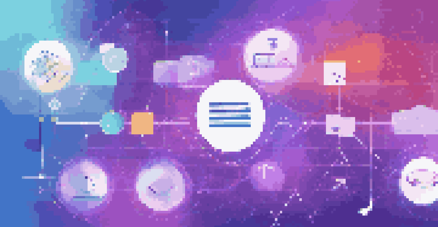 An abstract image showing colorful geometric shapes and symbols of digital assets, interconnected with lines on a gradient background.