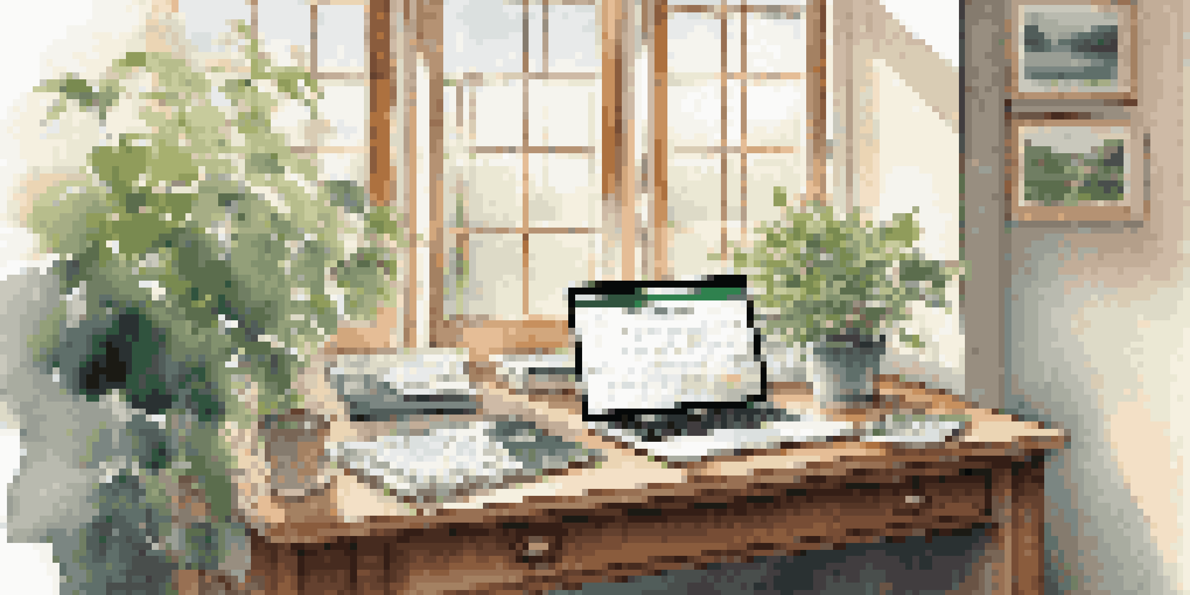 An office with a wooden desk, a laptop showing financial graphs, and a calendar planner, illuminated by soft morning light.