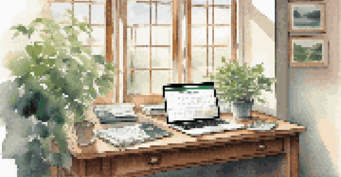 An office with a wooden desk, a laptop showing financial graphs, and a calendar planner, illuminated by soft morning light.