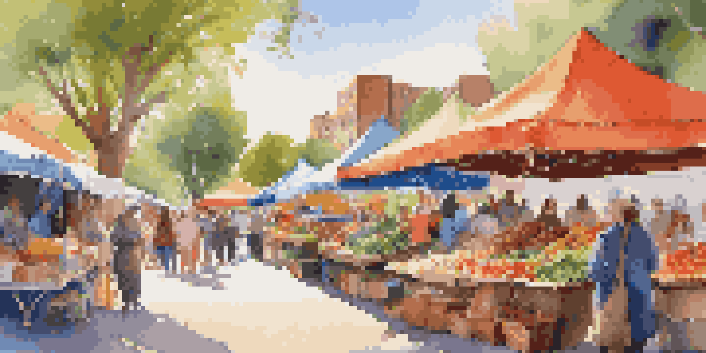 A lively community market with diverse vendors selling fresh produce and crafts, bustling with families under a sunny sky.