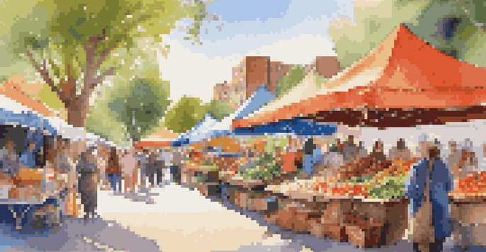 A lively community market with diverse vendors selling fresh produce and crafts, bustling with families under a sunny sky.