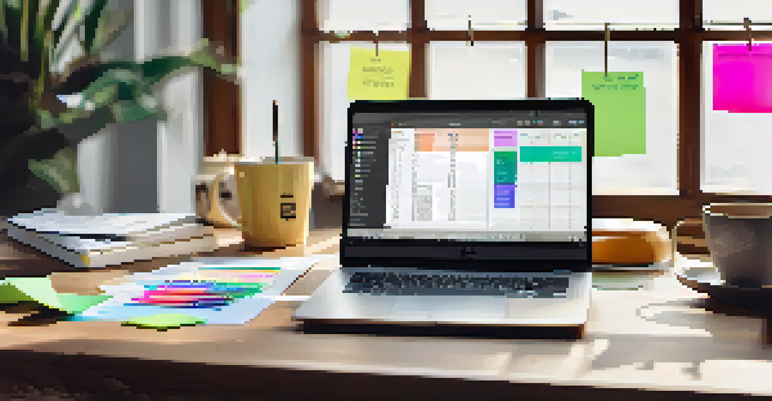 A workspace with a laptop showing a budget spreadsheet, a smartphone, and colorful sticky notes, illuminated by soft natural light.
