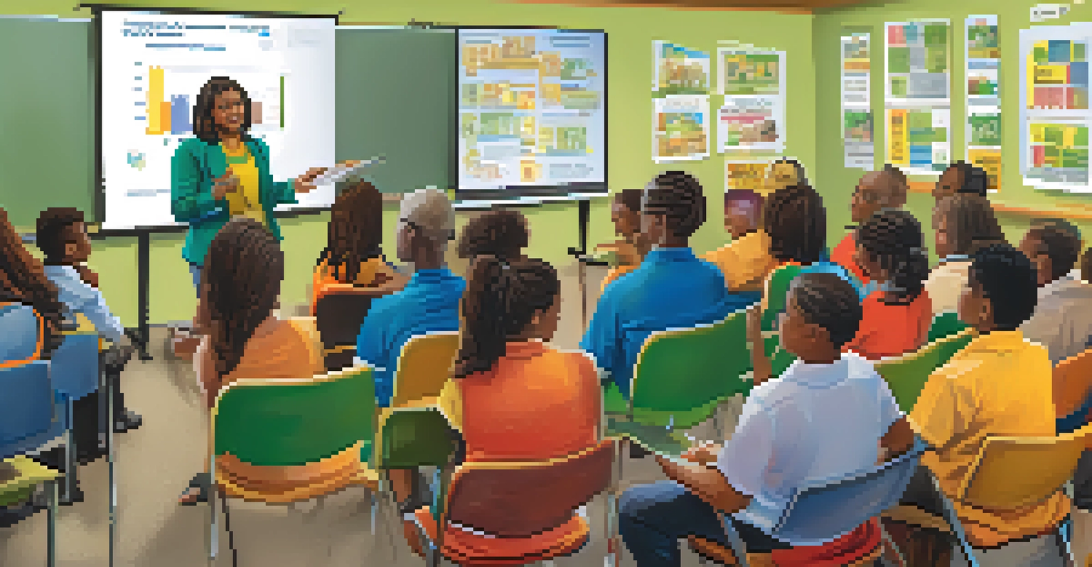 A diverse audience attending a community seminar on financial literacy with a speaker presenting at the front.