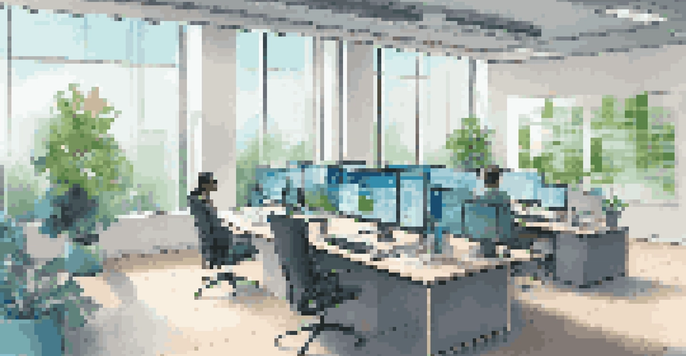 A bright financial technology workspace with computer screens showing data analytics and investment portfolios, decorated with plants and minimalist furniture.