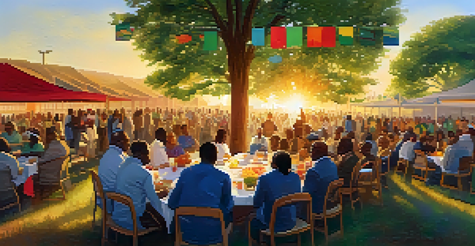 A diverse group of people engaged in a community meeting outdoors during sunset, discussing philanthropic causes with colorful banners around them.