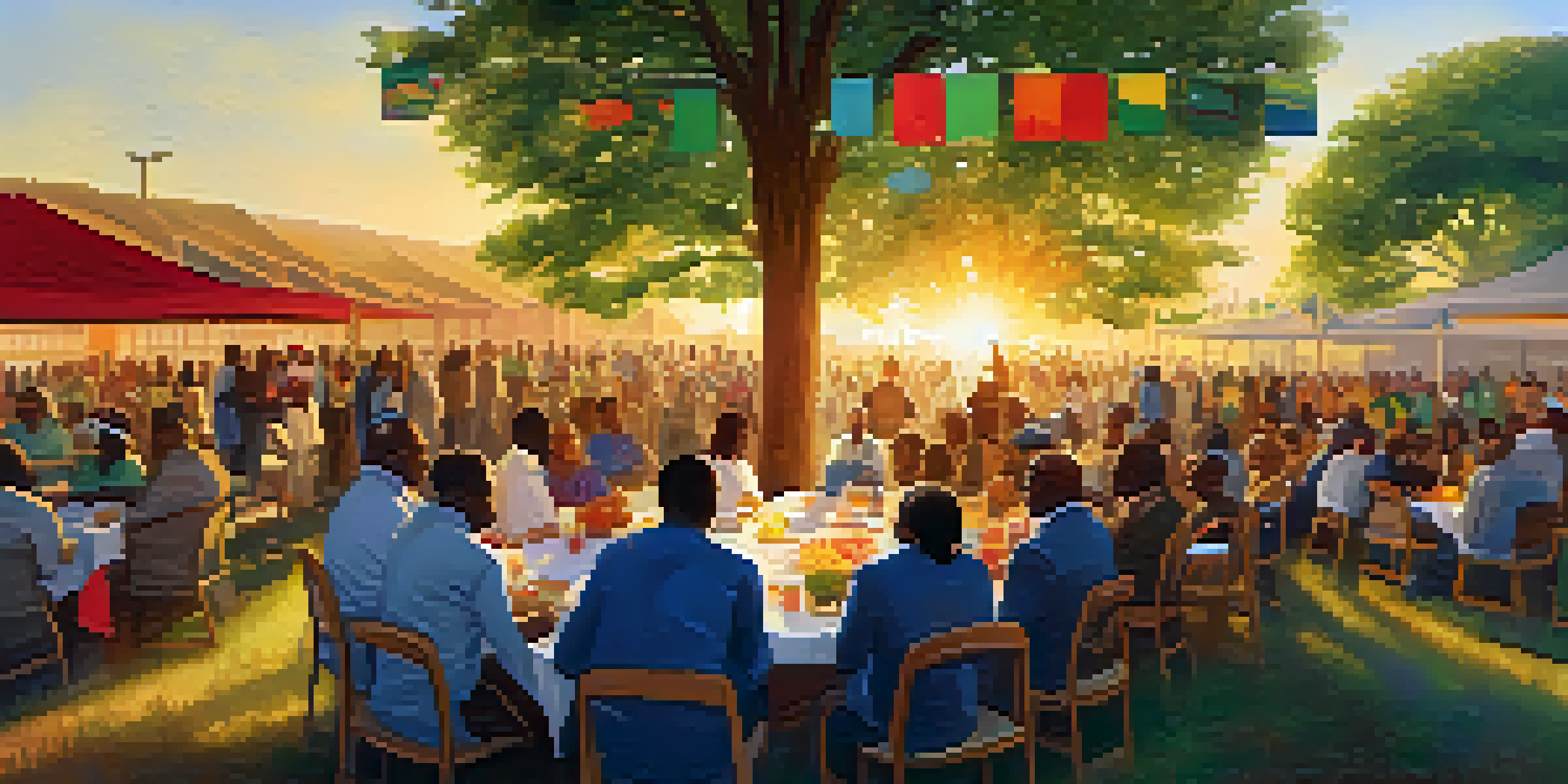 A diverse group of people engaged in a community meeting outdoors during sunset, discussing philanthropic causes with colorful banners around them.