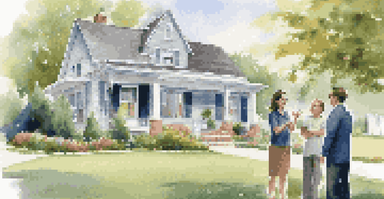A real estate agent showing a family a suburban home with a garden and a fence.