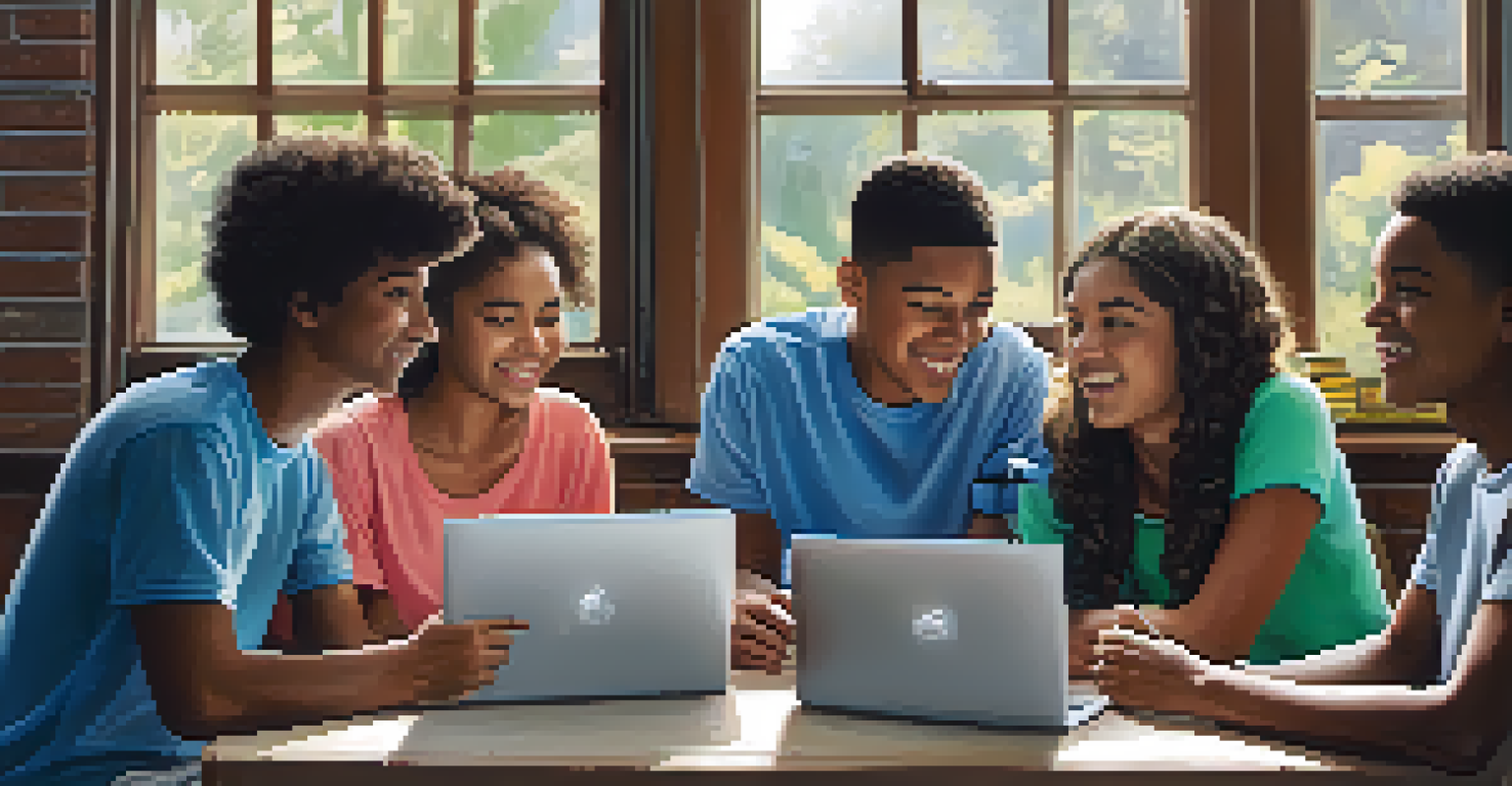 A diverse group of teenagers discussing saving and investing around a table with a laptop displaying a savings graph.