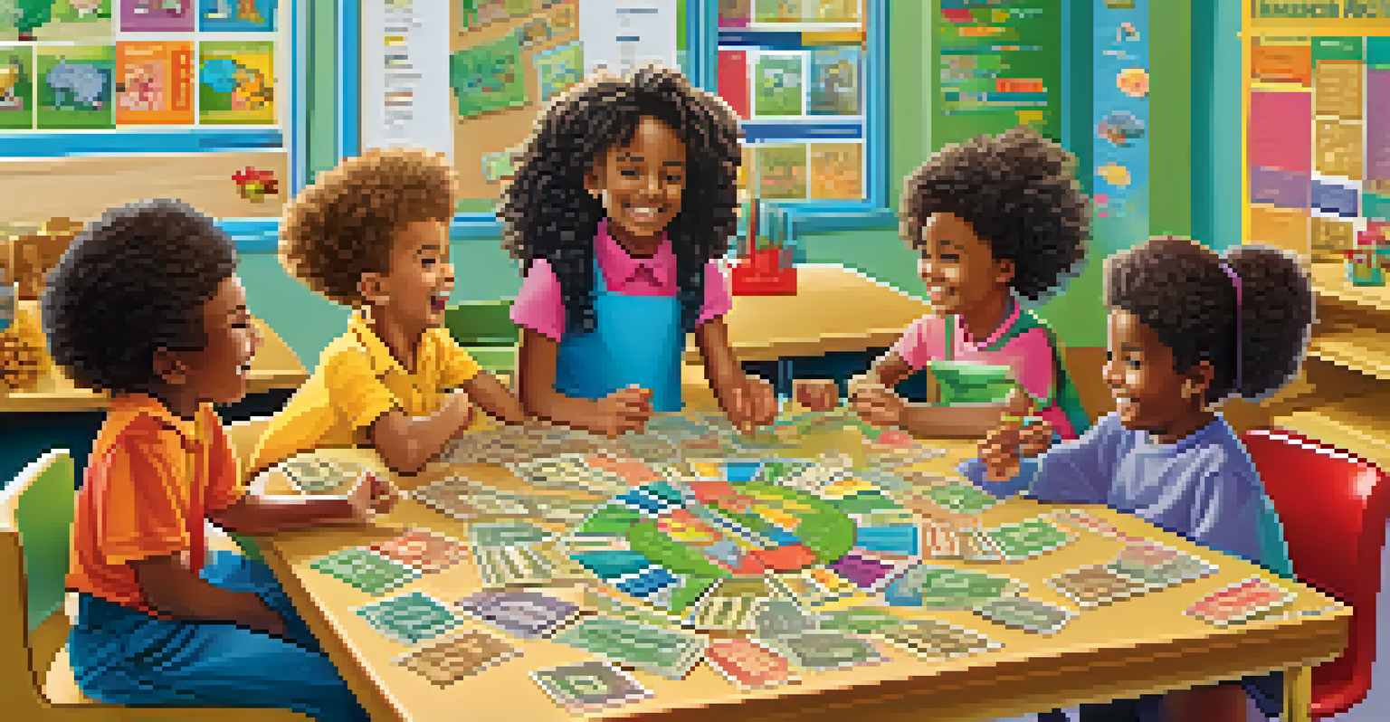 Children playing a financial board game in a lively classroom environment with a supportive teacher.