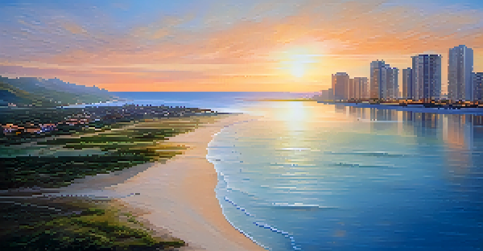 A coastal town at sunset, with buildings partially submerged in water, highlighting the threat of rising sea levels due to climate change.