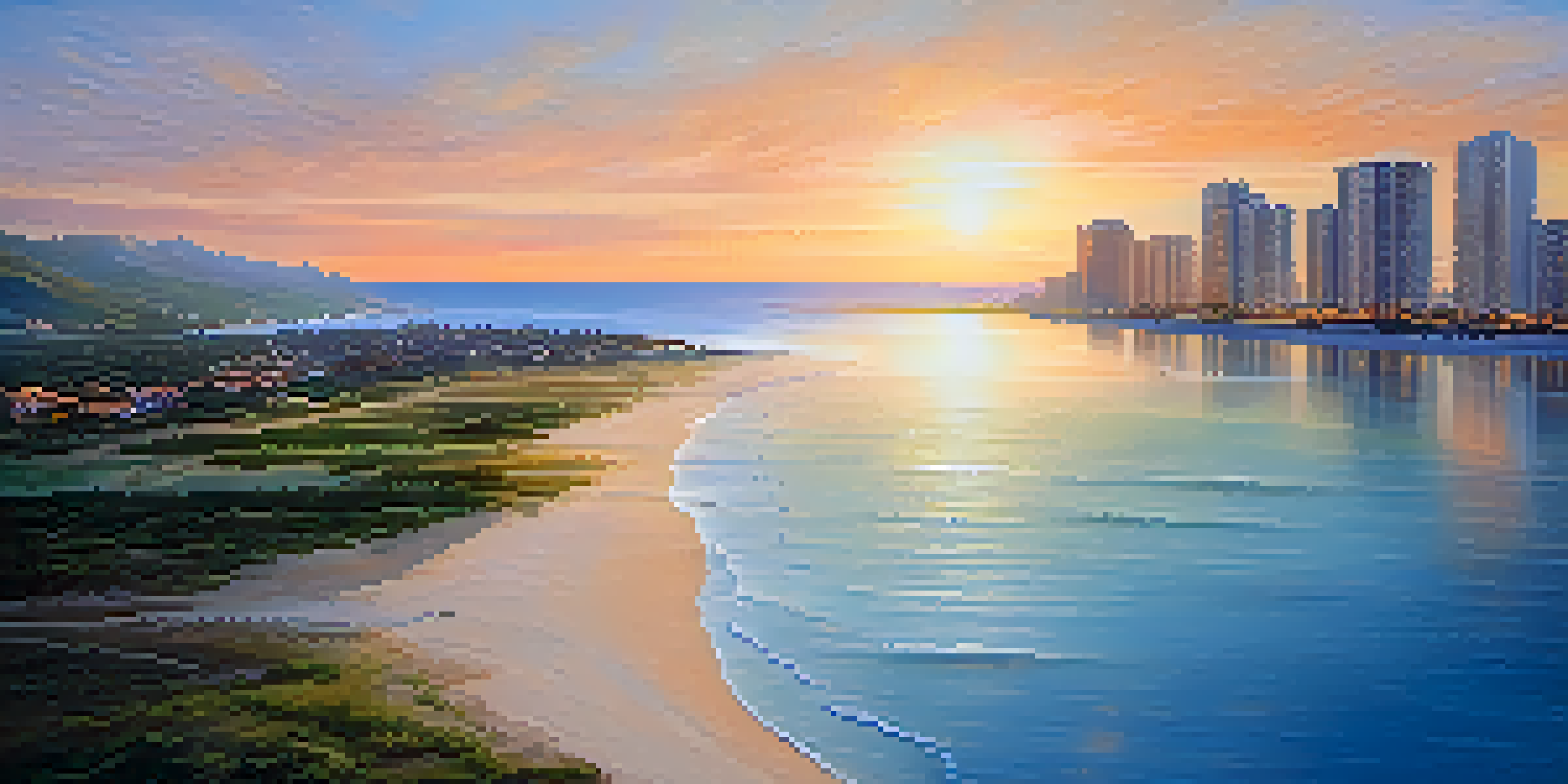 A coastal town at sunset, with buildings partially submerged in water, highlighting the threat of rising sea levels due to climate change.