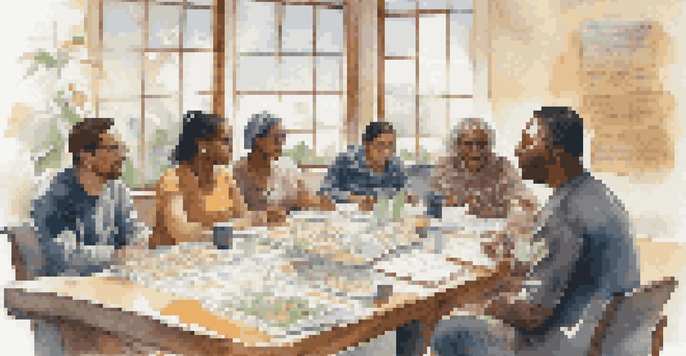 A diverse group of immigrants participating in a financial literacy workshop, showing engagement and curiosity.