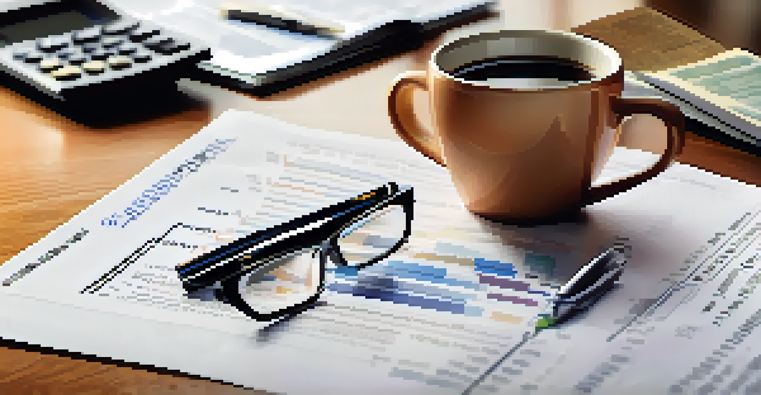A close-up of financial documents related to real estate investment with charts and coffee cup.
