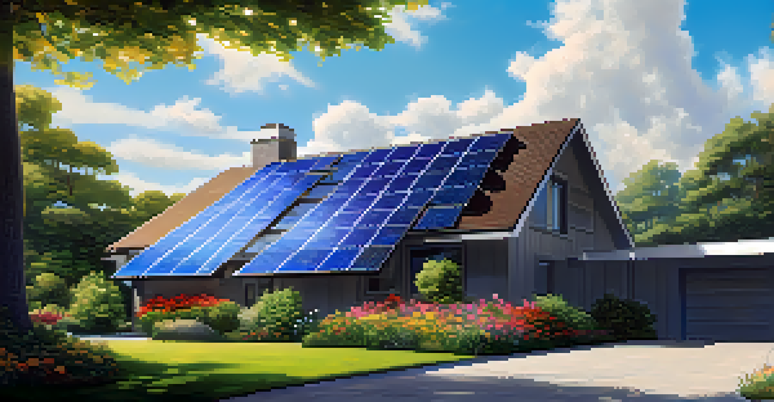 Close-up of solar panels on a modern home, surrounded by greenery and flowers under a clear blue sky.