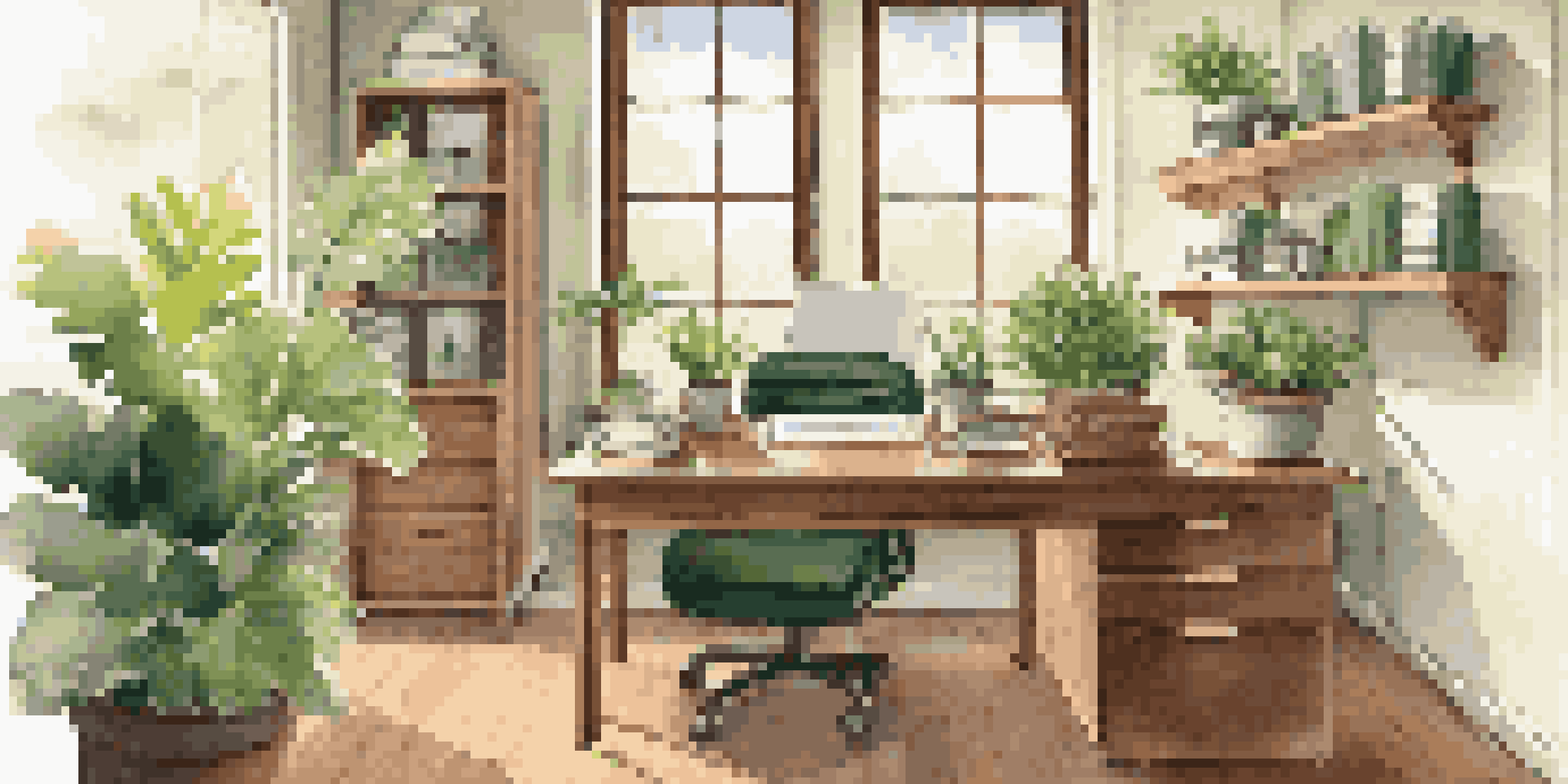 A bright and organized office space with a wooden desk, laptop, and a potted plant, illuminated by natural light from a window.