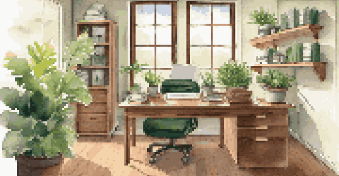 A bright and organized office space with a wooden desk, laptop, and a potted plant, illuminated by natural light from a window.