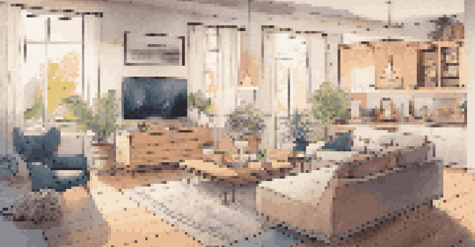 Close-up of a stylish living room featuring smart home technology and modern furnishings, illuminated by soft lighting.