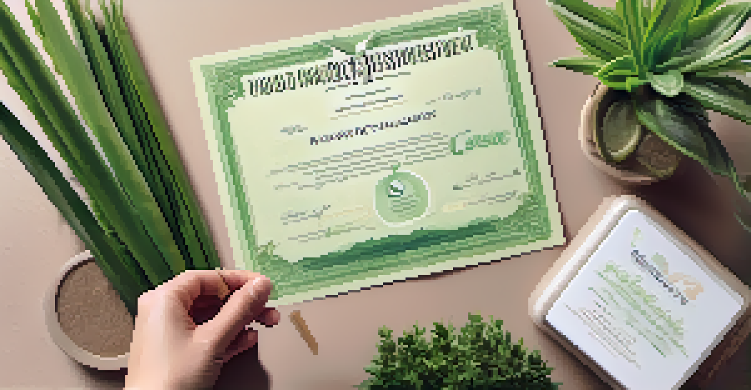 A close-up of a hand holding a green bond certificate, surrounded by eco-friendly items and plants, symbolizing investment in sustainability.