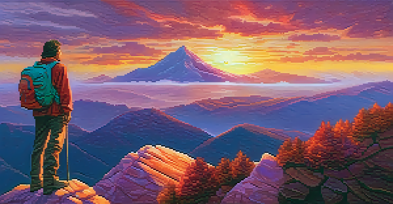 A person standing on a mountain peak at sunset, holding a flag with a dollar sign, symbolizing financial success.