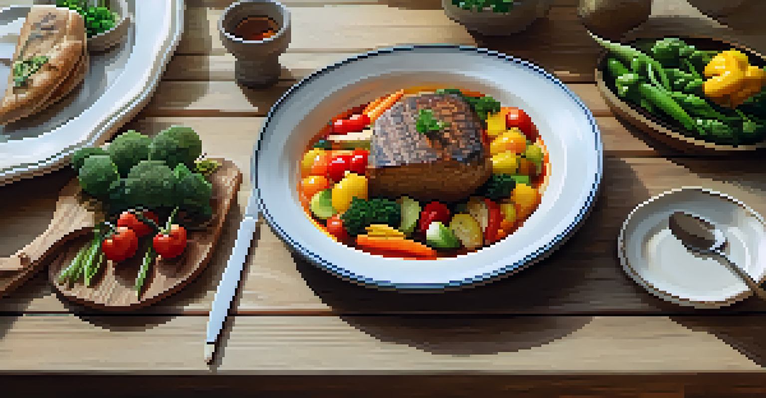 A close-up of a wooden table beautifully set for a gourmet meal with colorful food and warm lighting.