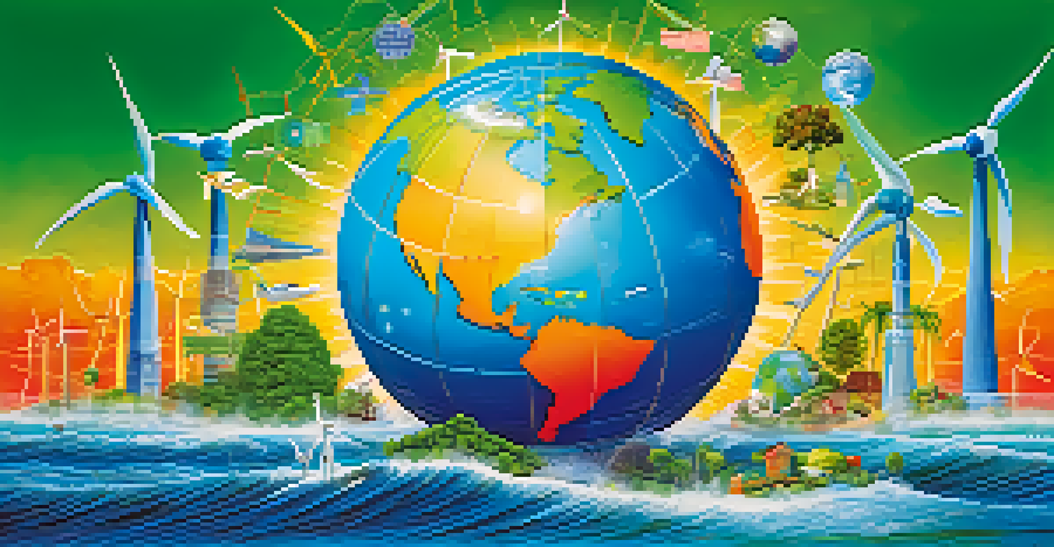 A colorful globe surrounded by renewable energy icons, representing global sustainability and environmental awareness.