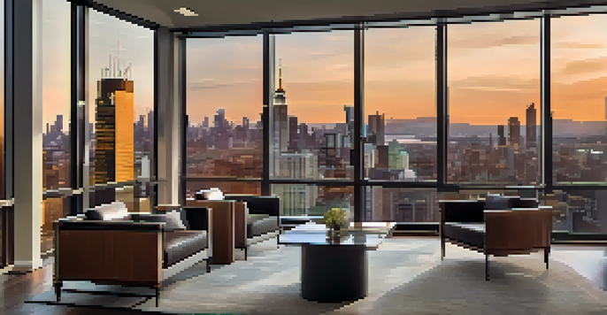 An elegant wealth management office with a financial advisor discussing with a client, city skyline visible through the window, warm lighting.