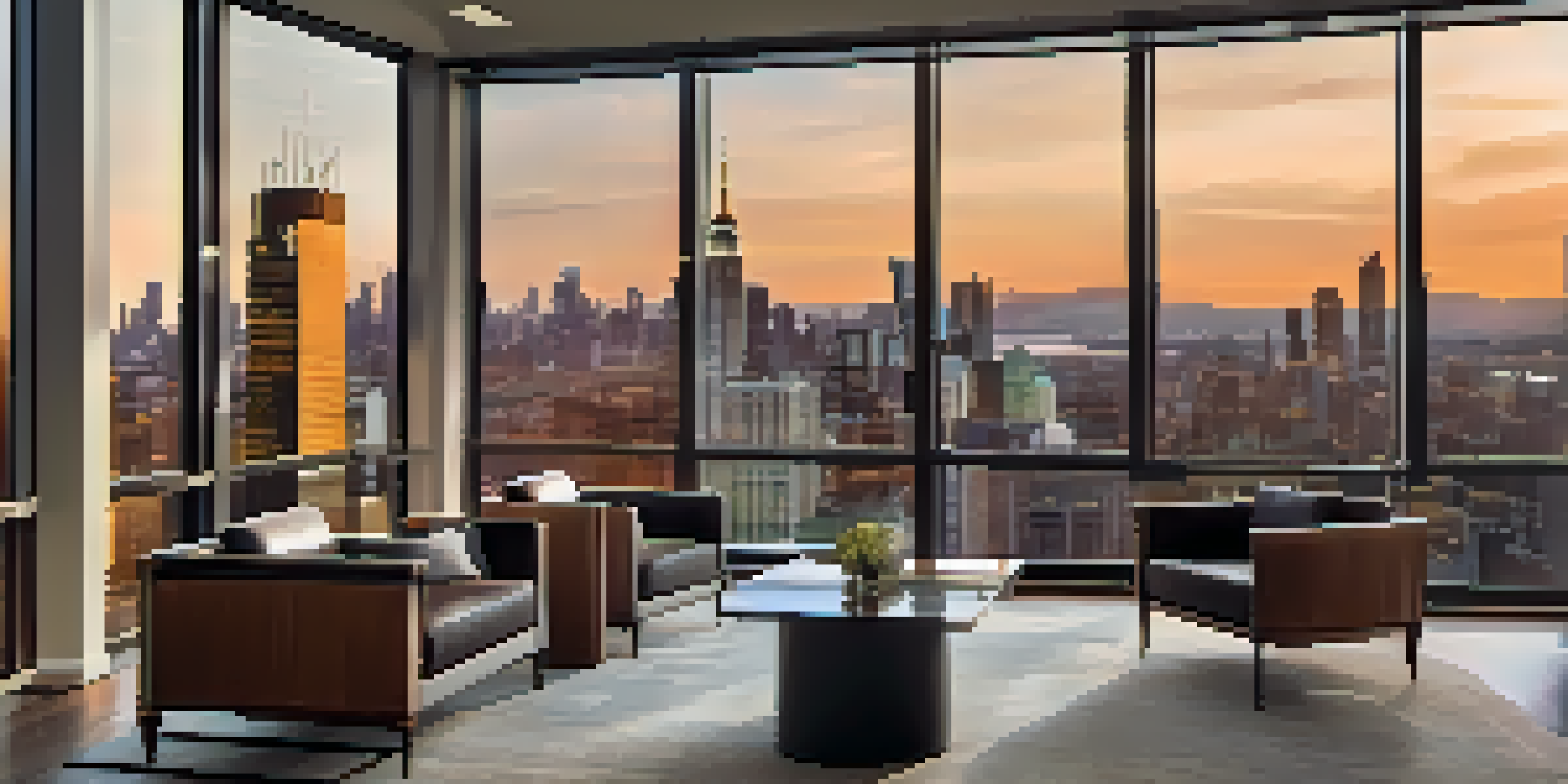 An elegant wealth management office with a financial advisor discussing with a client, city skyline visible through the window, warm lighting.