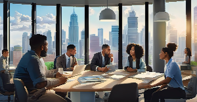 A diverse group of workers in an office discussing wage negotiations, with charts and a city skyline visible.