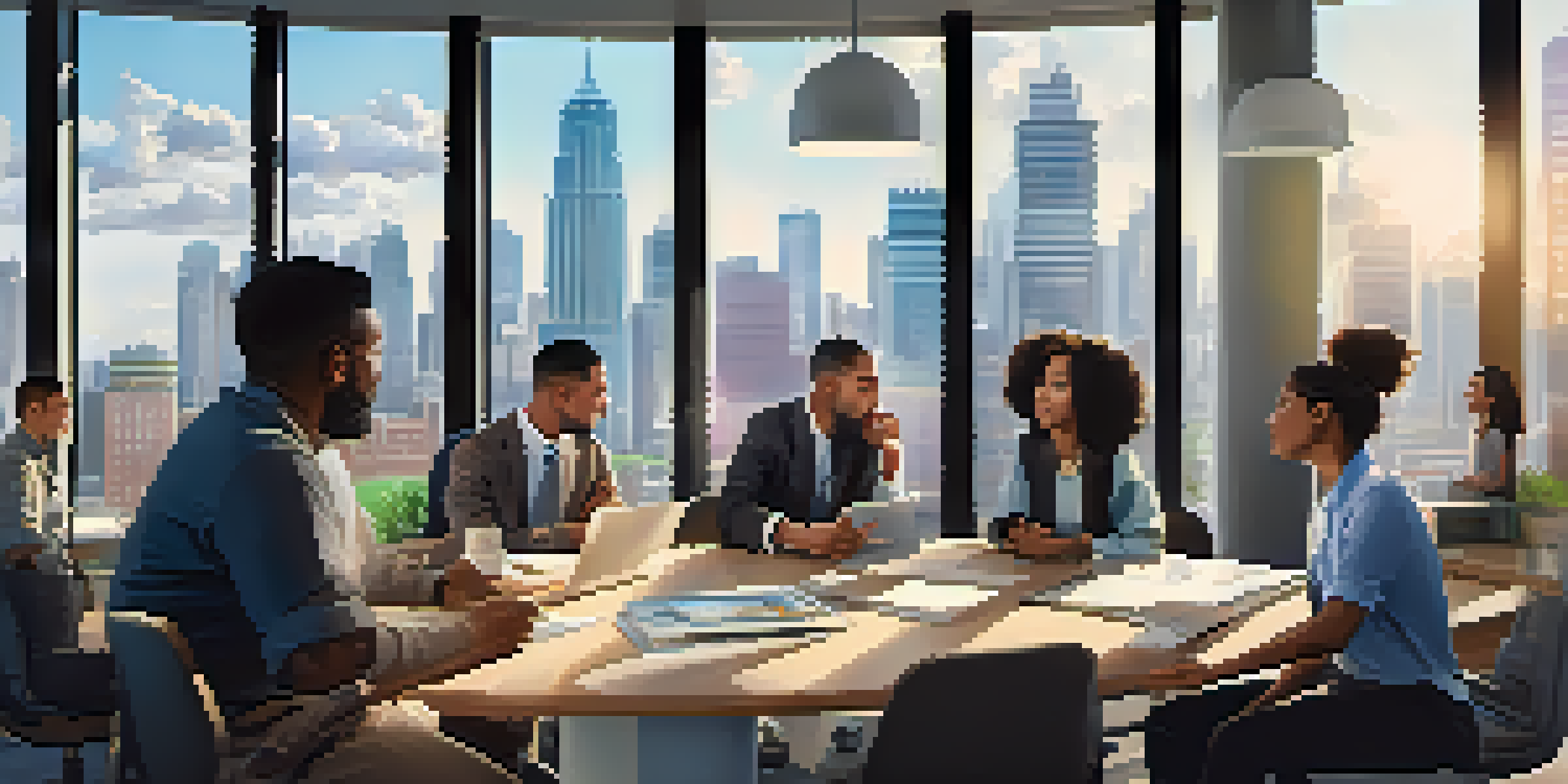 A diverse group of workers in an office discussing wage negotiations, with charts and a city skyline visible.