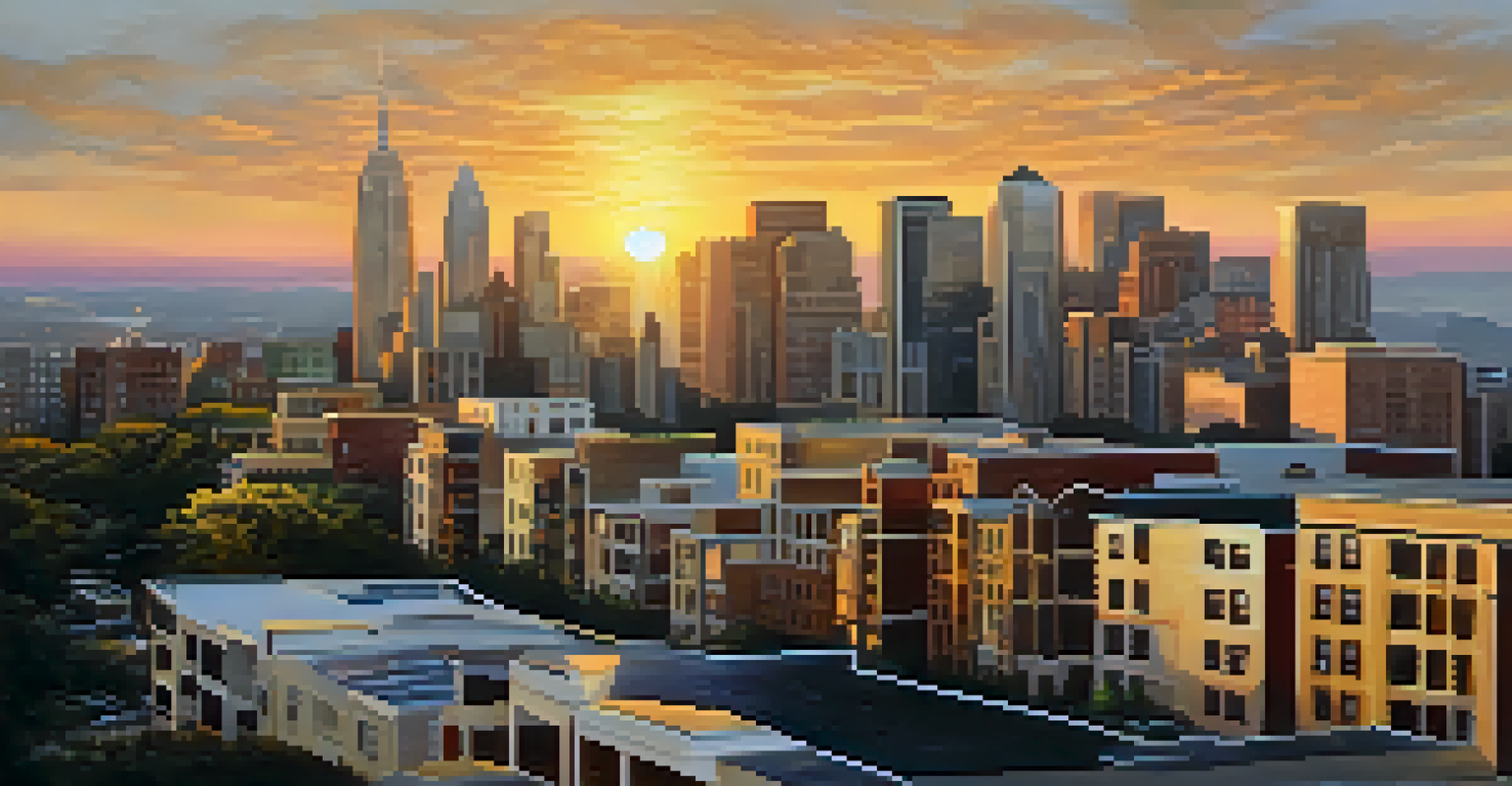 An urban skyline at sunset with real estate properties highlighted in the foreground.