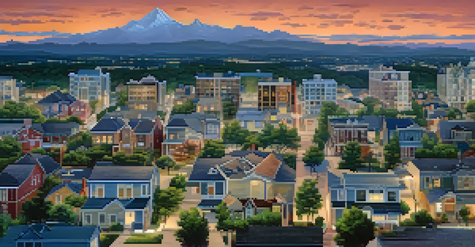 A city map highlighting potential real estate investment areas with icons for properties and amenities.