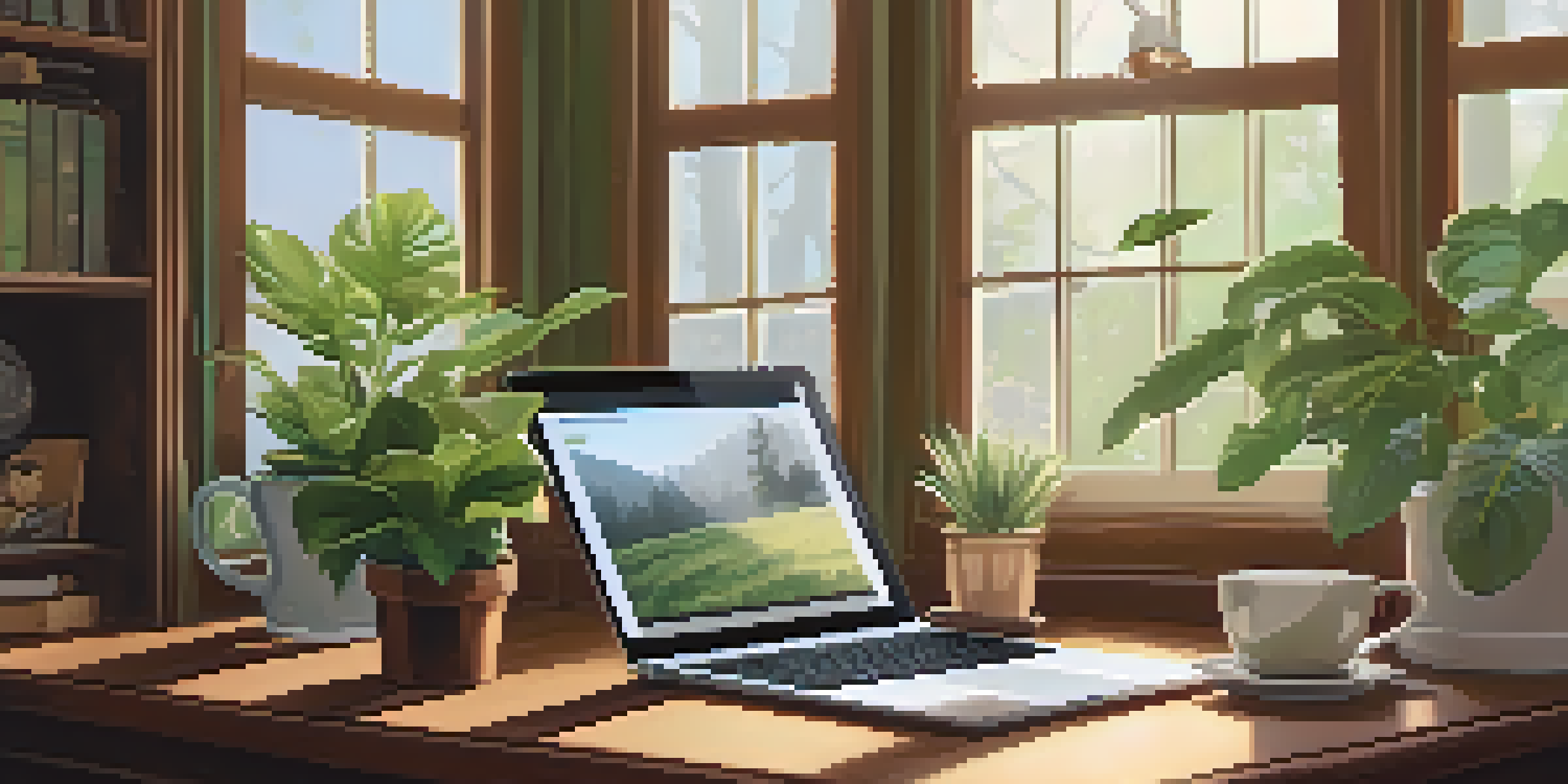 A cozy home office with a wooden desk, laptop, notebook, coffee cup, and plants, bathed in soft morning light.